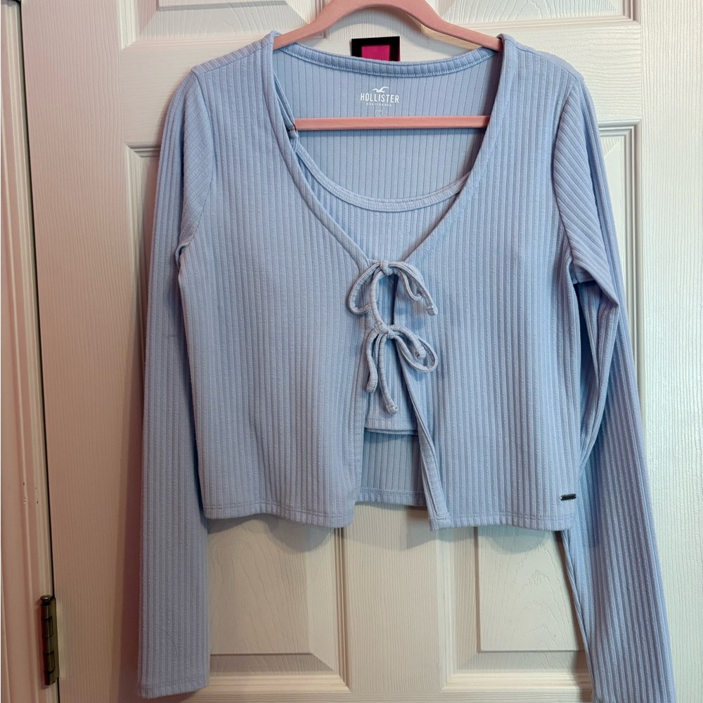 Hollister Blue Ribbed Long Sleeve Tie-Front Blouse